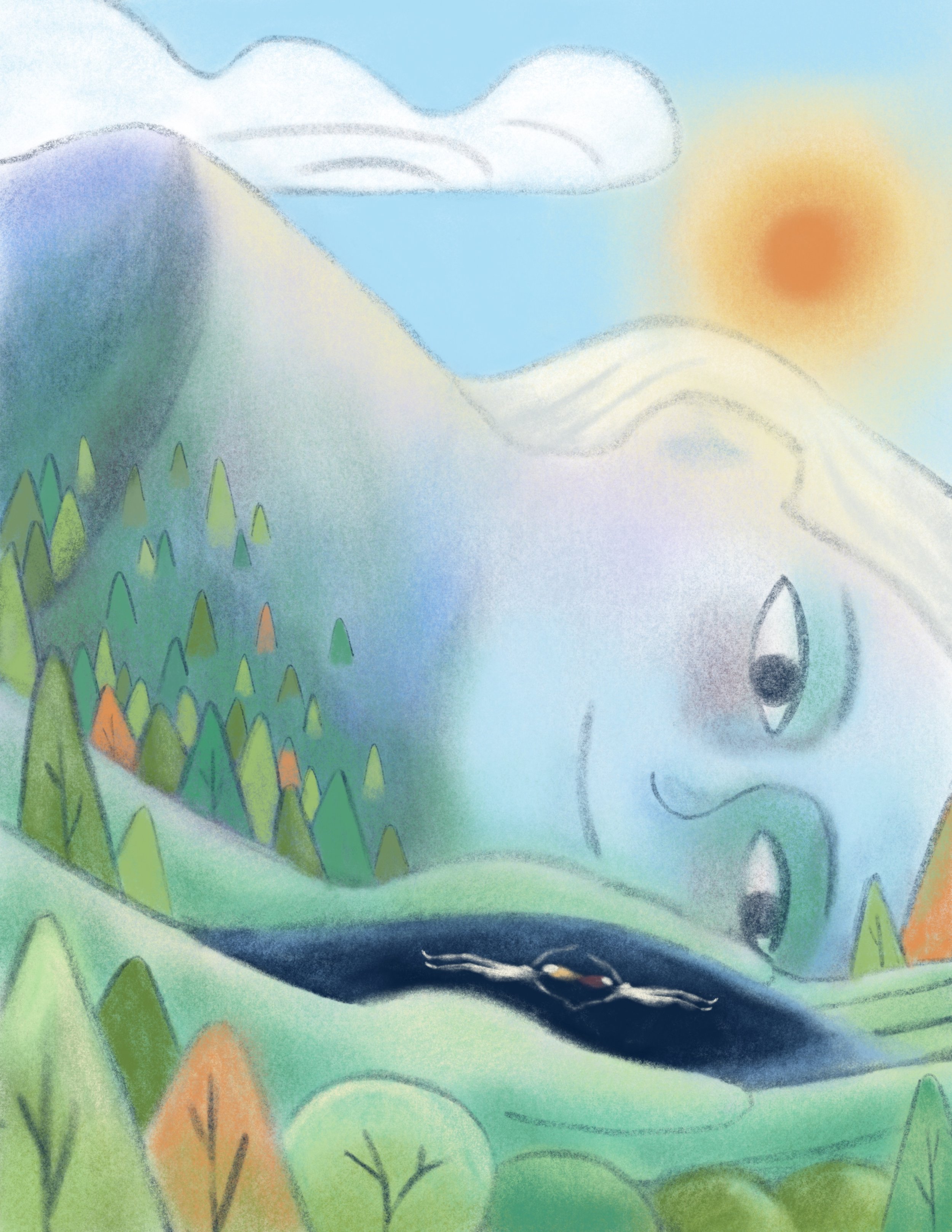 "Held pt 1", 8.5"x11", digital illustration.

Illustration of my gratitude for the land and waters which hold me and nurture my growth. This gratitude fuels my desire to do more and do better as a member of my human and ecological community.