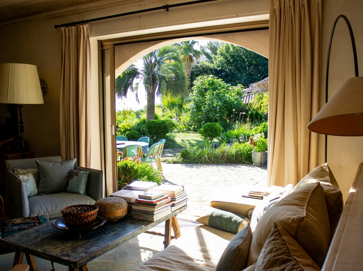 Intérieur d'une pièce avec un sofa beige, une chaise, une table en bois avec des livres, et un grand ouverture donnant sur un jardin avec des fauteuils et des plantes verdoyantes.