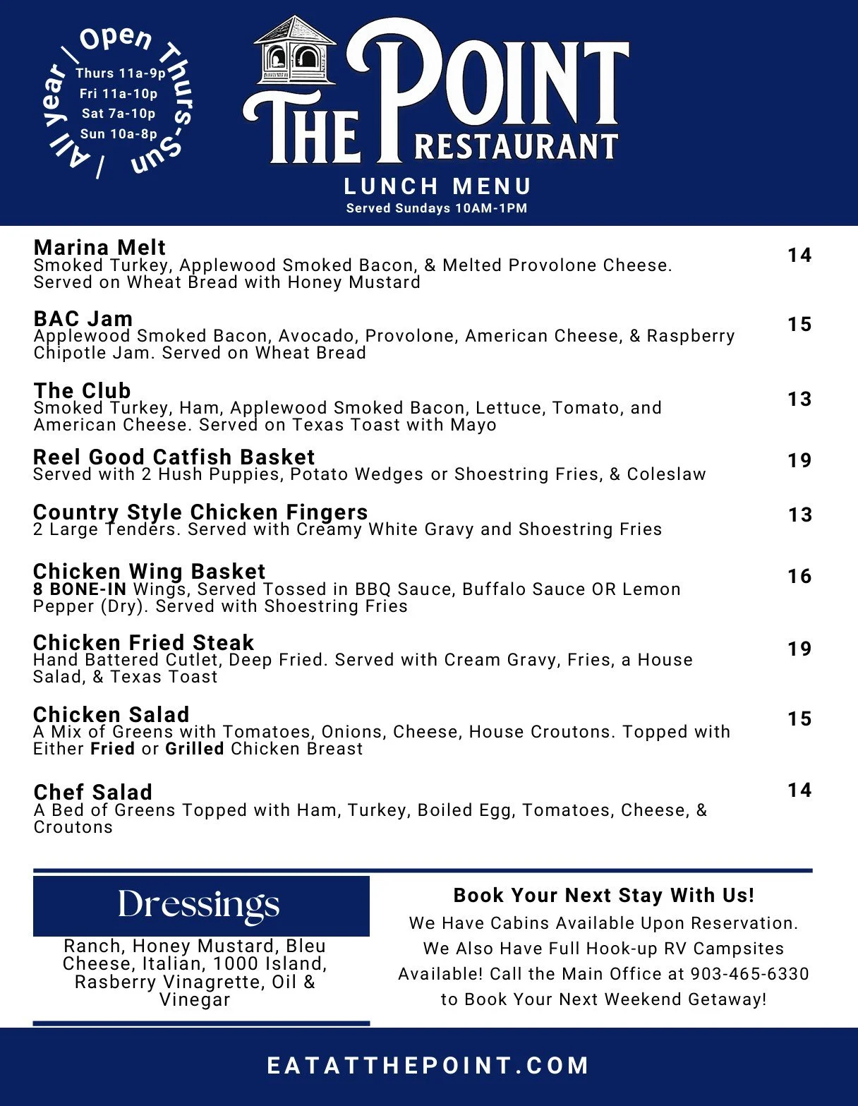 The Point Menu Menu — THE POINT RESTAURANT