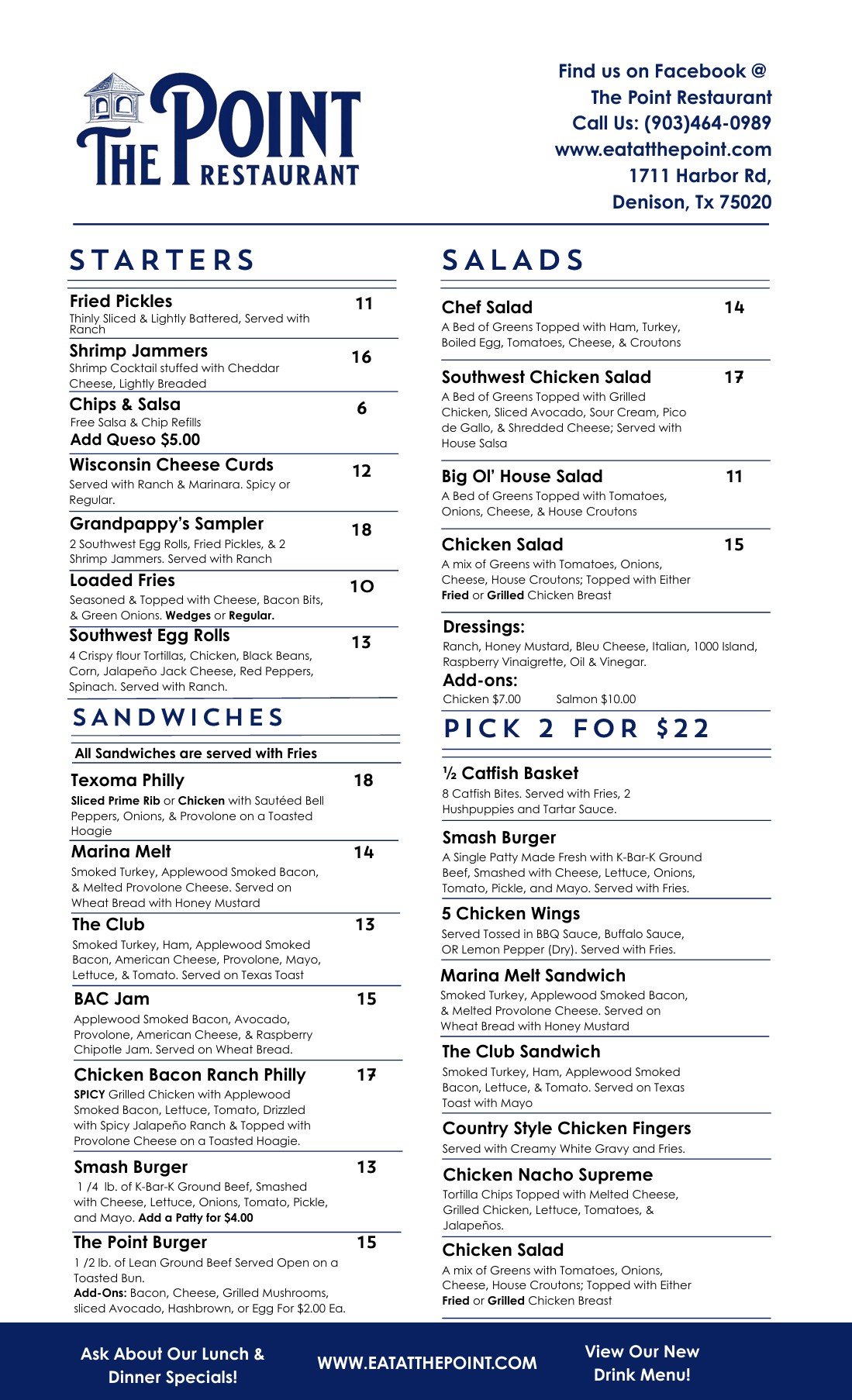 The Point Menu Menu — THE POINT RESTAURANT