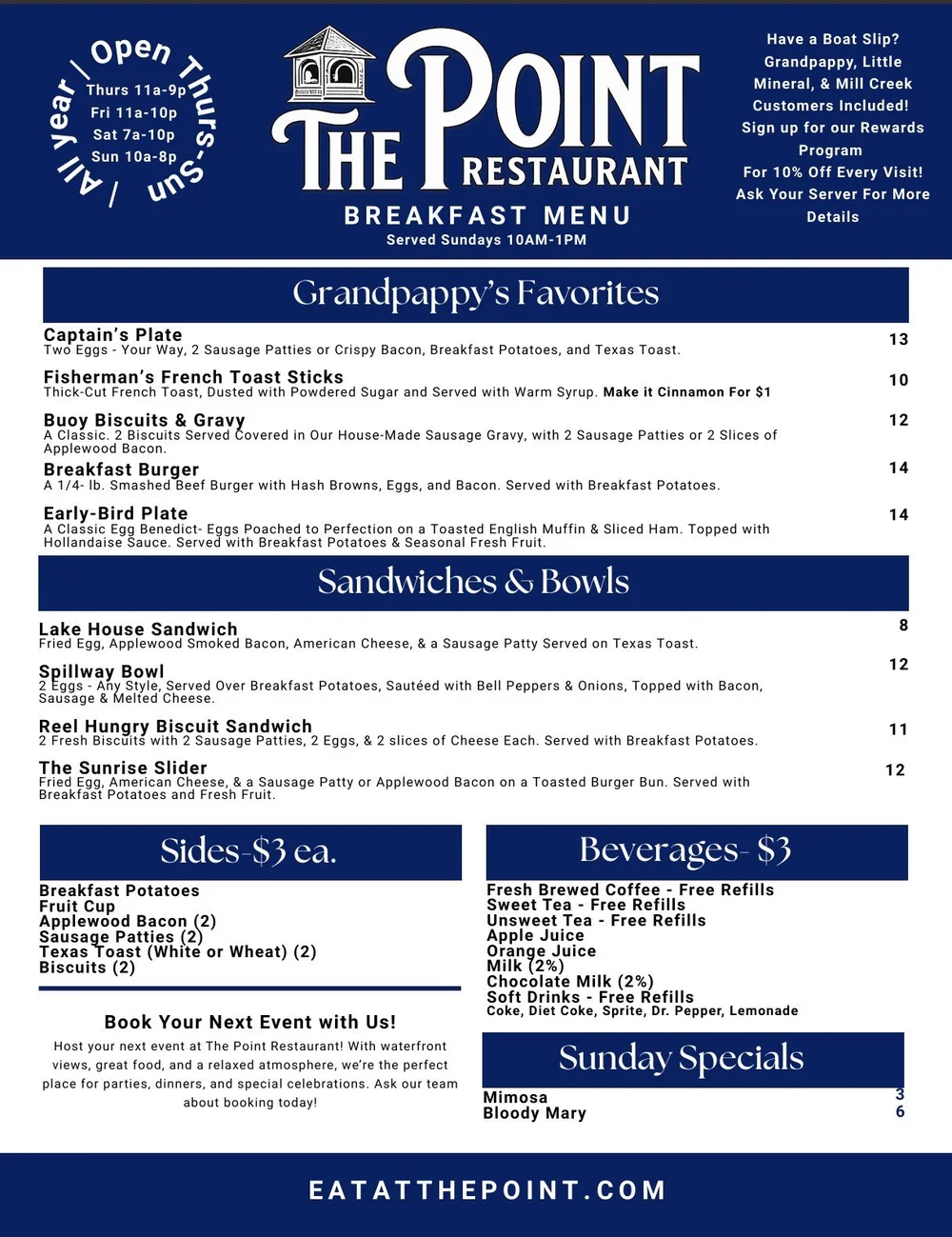 The Point Menu Menu — THE POINT RESTAURANT