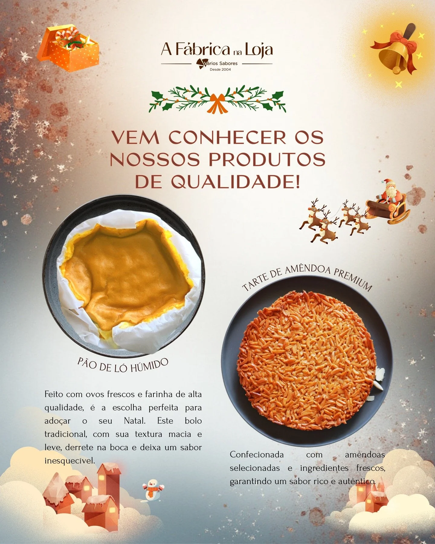 VEM CONHECER OS NOSSOS PRODUTOS DE QUALIDADE! P&Atilde;O DE L&Oacute; H&Uacute;MIDO Feito com ovos frescos e farinha de alta qualidade, &eacute; a escolha perfeita para ado&ccedil;ar o seu Natal. Este bolo tradicional, com sua textura macia e leve, d