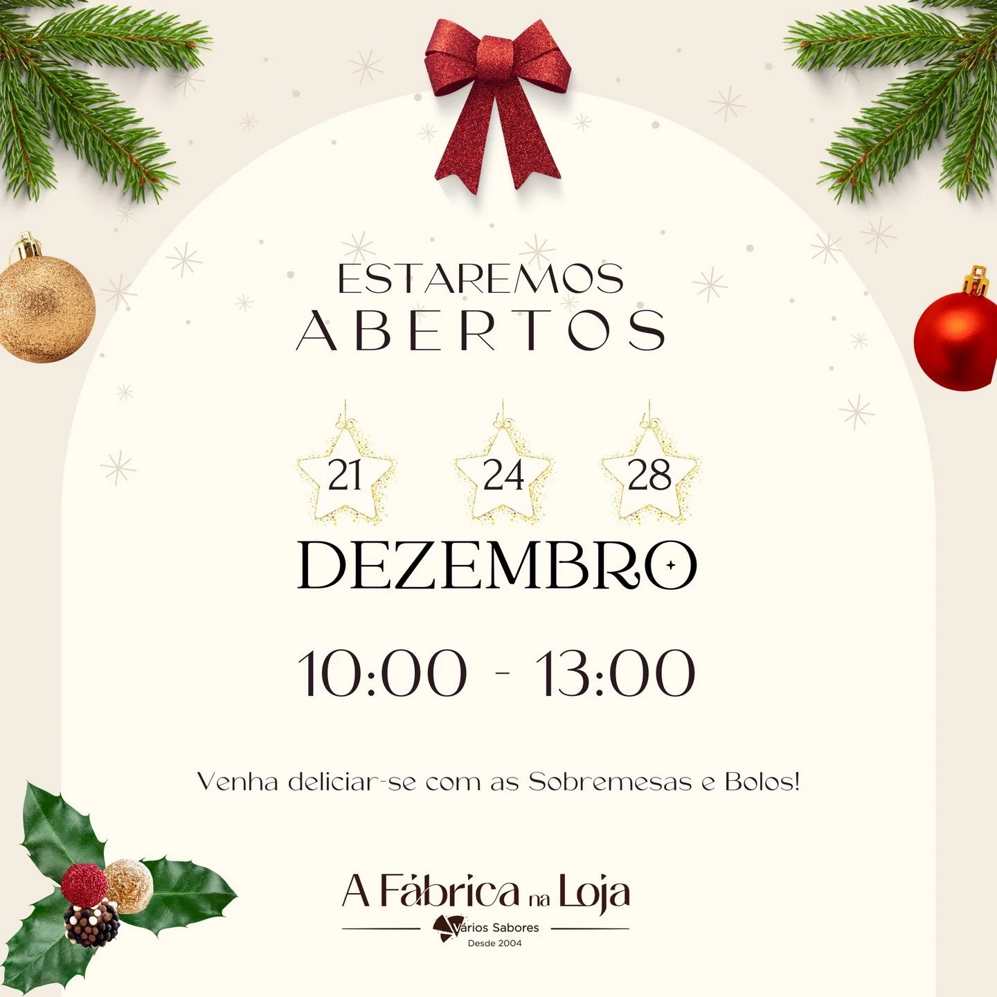 Queremos tornar as suas festas ainda mais doces e especiais! Convidamo-lo a visitar a nossa loja e descobrir uma variedade irresist&iacute;vel de doces e sobremesas preparadas com todo carinho para esta &eacute;poca do ano.
De bolos encantadores, a d