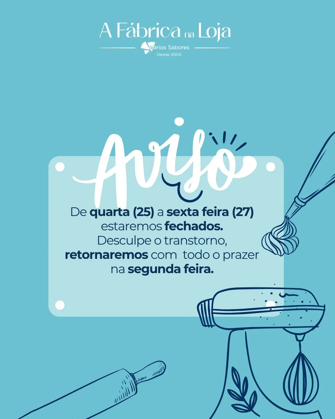 ⚠️ Aviso importante ⚠️

Informamos que estaremos encerrados de 25 a 27 de mar&ccedil;o, voltamos dia 30 com o sabor de sempre. 🤍✨

Agradecemos a vossa compreens&atilde;o e prefer&ecirc;ncia 🙏

At&eacute; j&aacute;! 👀

#variossabores #avisocliente 