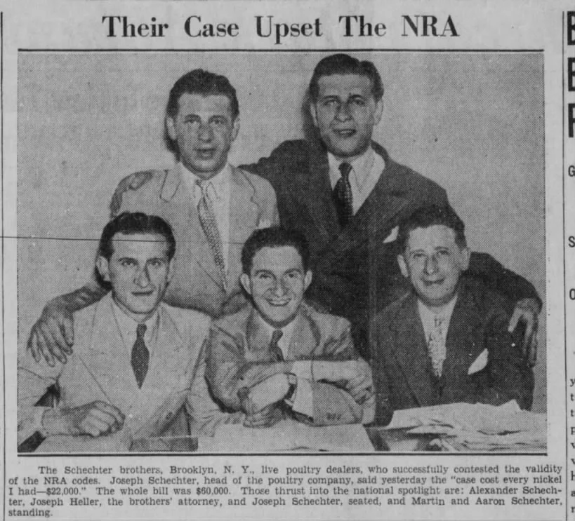 Page 50 -- The four Schechter brothers and their lawyer, victorious. (Note that the lawyer seems happiest.) From the May 29. 1935 Pottstown PA Mercury.