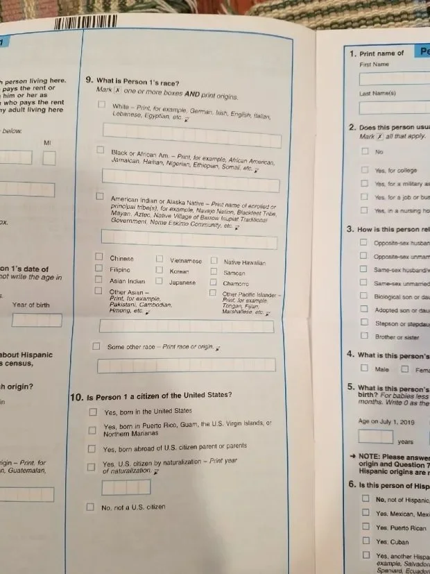 Page 368 -- Any early version of the 2020 census form (this was sent to some households as part of a test) that included the controversial citizenship question that was removed from the final, official form. The photo links to a 2018 Census Bureau pu