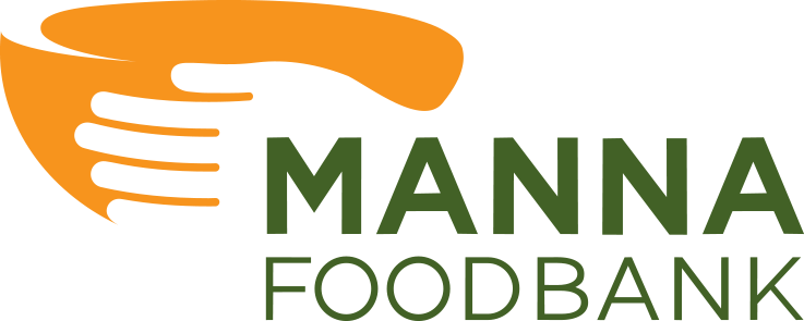 Logo of MANNA FoodBank featuring an orange stylized hand graphic and green text.