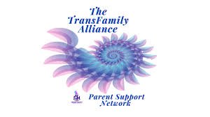 Logo of The TransFamily Alliance Parent Support Network with a spiral design in blue and pink.