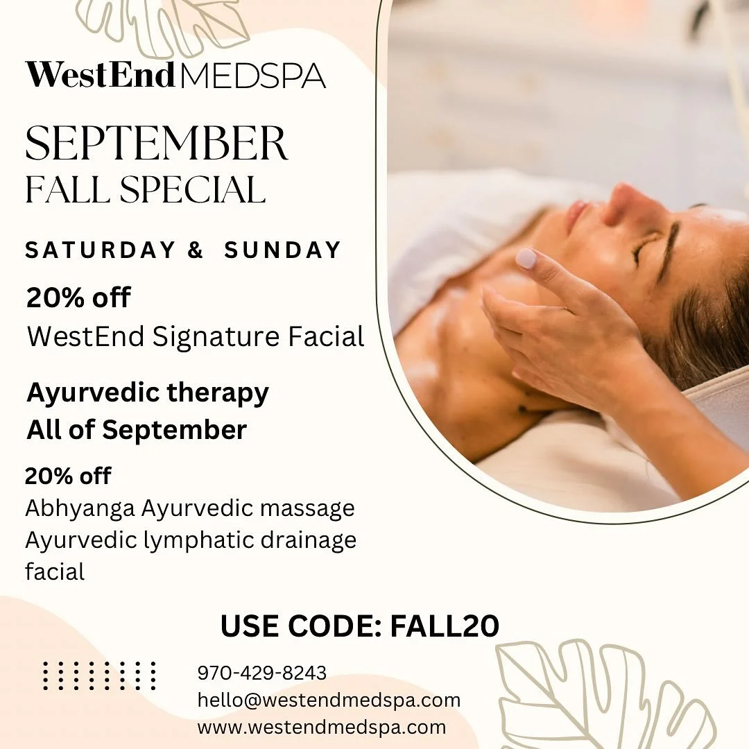 🍂Fall is our favorite time of the year! 🍂
🌿 Weekend Glow &ndash; Enjoy 20% off Signature Facials every Saturday &amp; Sunday.
🌸 Ayurvedic Bliss &ndash; Rebalance mind &amp; body with 20% off Ayurvedic Body Therapies, including Abhyanga Massage an