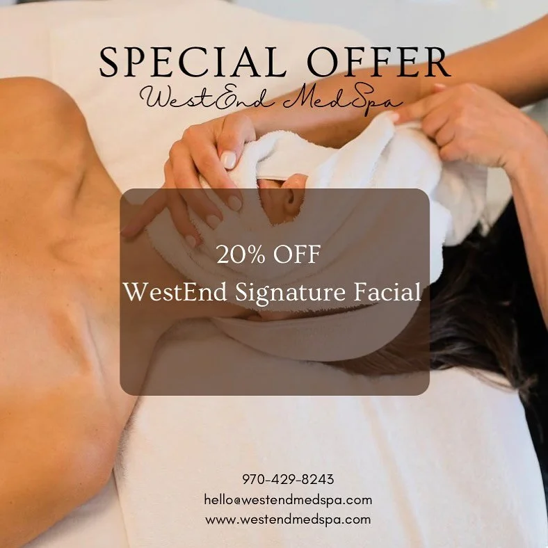 Join us tomorrow at WestEnd MedSpa for ✨Facial Friday✨

We are extending our weekend special for 20% off our WestEnd Signature facial to this Friday only! 

Book at www.westendmedspa.com
Or call us at 970-429-8243