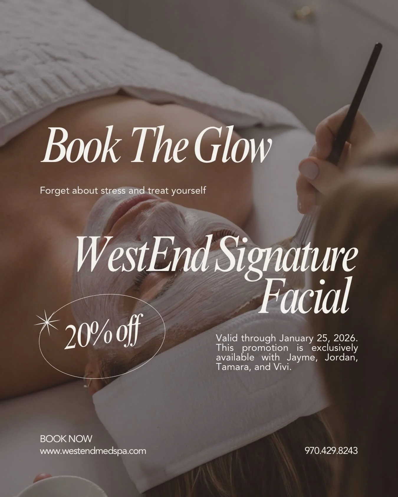 Time for a proper treat ✨ 
20% off facials through January 25th, exclusively with Jayme, Jordan, Tamara, and Vivi
970-429-8243 | Book online at www.westendmedspa.com