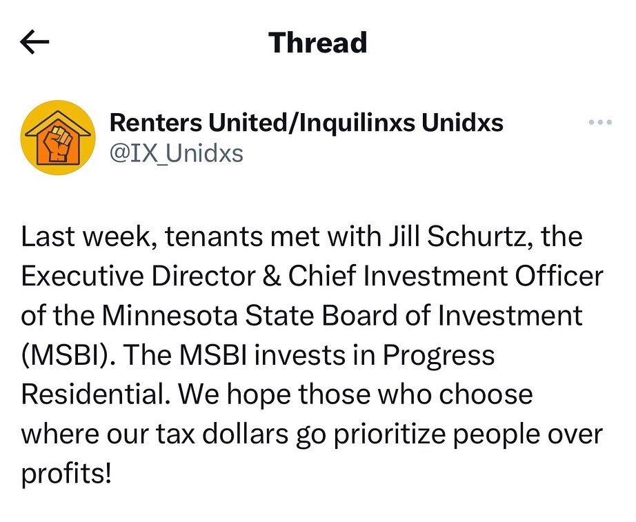 [espa&ntilde;ol abajo]

Last week, tenants met with Jill Schurtz, the Executive Director &amp; Chief Investment Officer of the Minnesota State Board of Investment (MSBI). The MSBI invests in Progress Residential. We hope those who choose where our ta