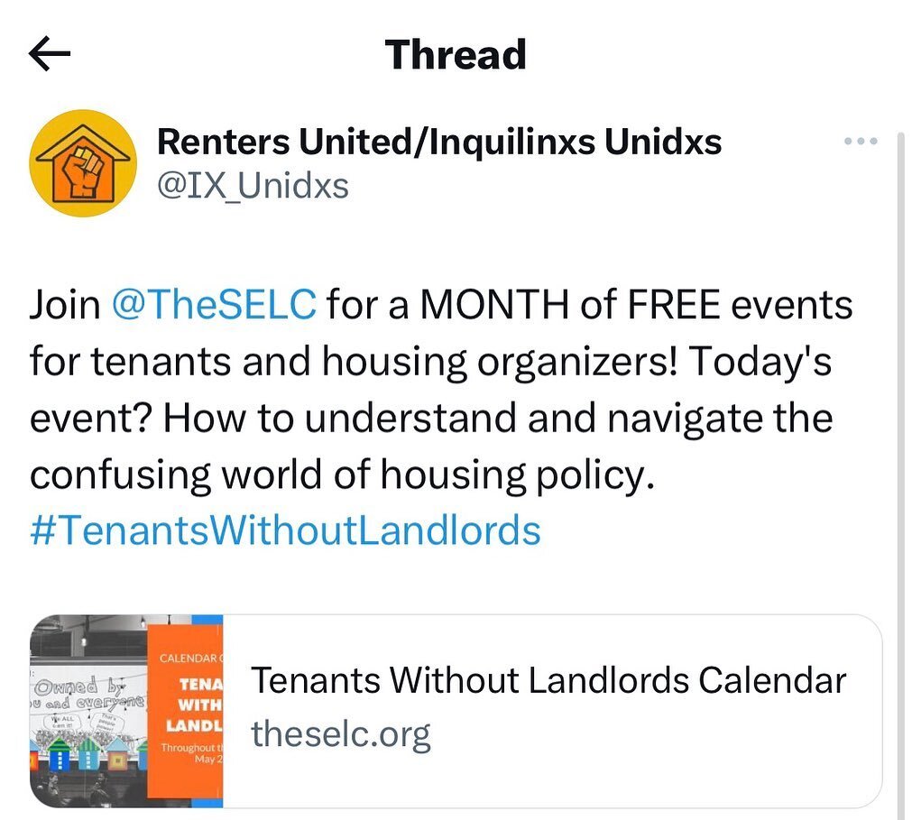 [espa&ntilde;ol abajo] Join @theselc for a MONTH of FREE events for tenants and housing organizers! Today's event? How to understand and navigate the confusing world of housing policy. #TenantsWithoutLandlords /&Uacute;nete a @theselc para un MES de 
