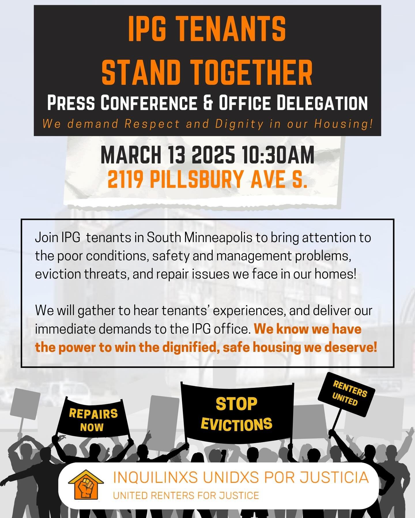 📢🪧TODAY🚨✊🏾: South Minneapolis tenants living in buildings owned by Landlord Investment Property Group are coming together to demand IPG meet with the tenants to address major concerns with repairs, mold, leaks and other poor housing conditions, a