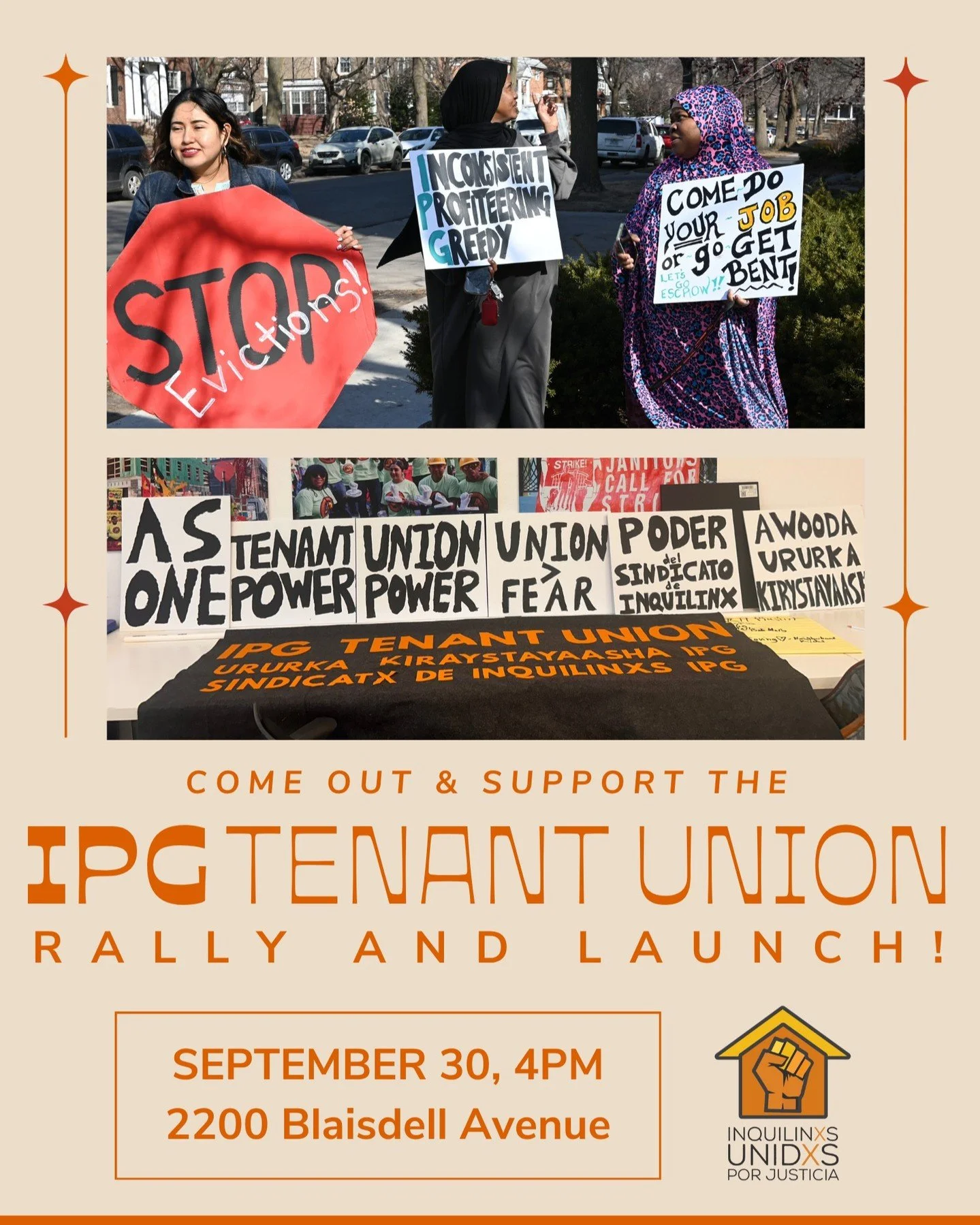 TODAY: Tenants living in two buildings owned by landlord Investment Property Group (2119 Pillsbury Ave &amp; 2735 Blaisdell Ave) will jointly launch TWO majority tenant unions!

💥 Together, the building-level unions have united as the IPG TENANT UNI