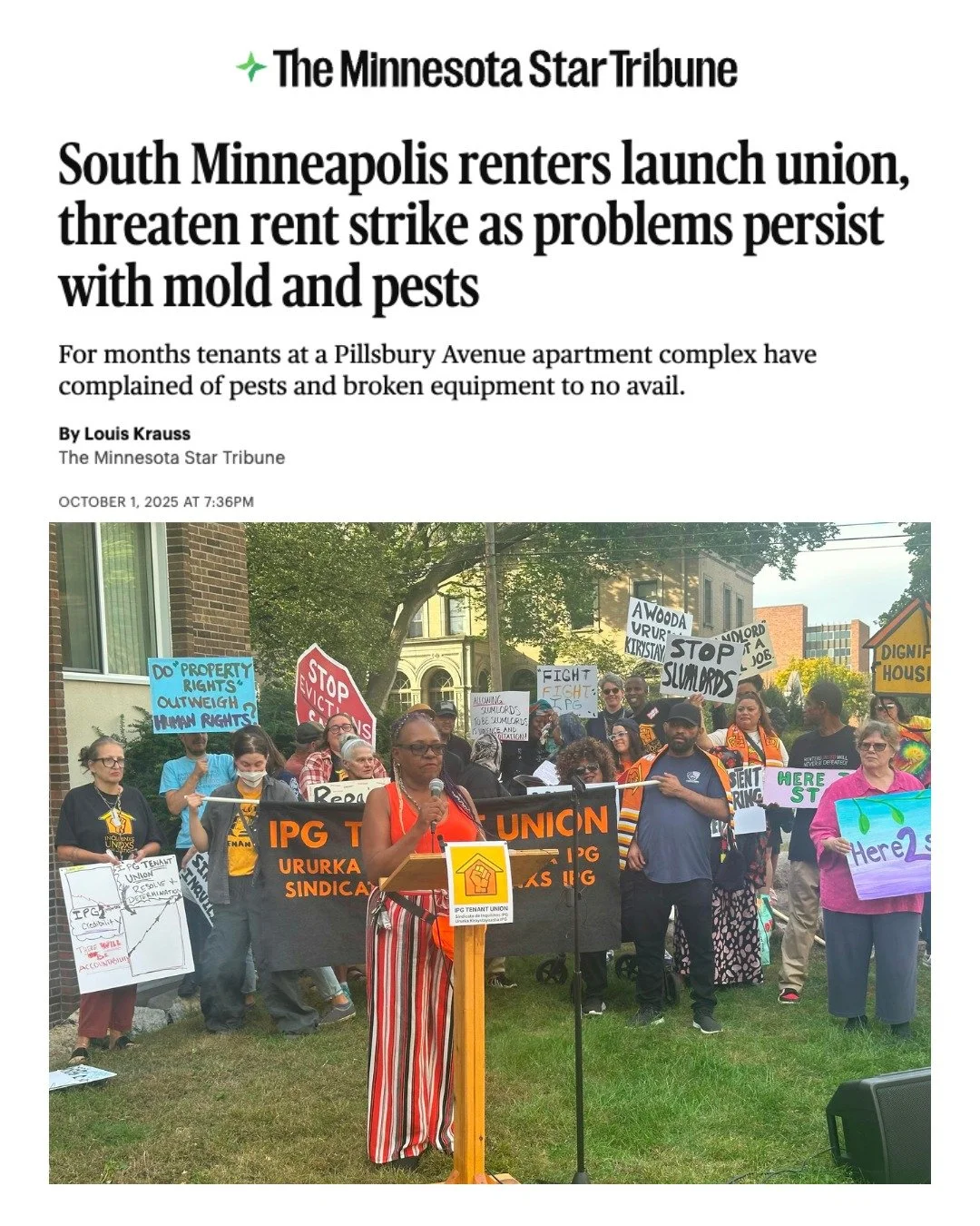 🔥 Thank you to everyone who showed up for the IPG Tenant Union launch! We already knew Minneapolis is a union town, and now landlord IPG knows too ✊🏾 This is just the beginning! 

🗞 @startribune 📸 @sj.polk