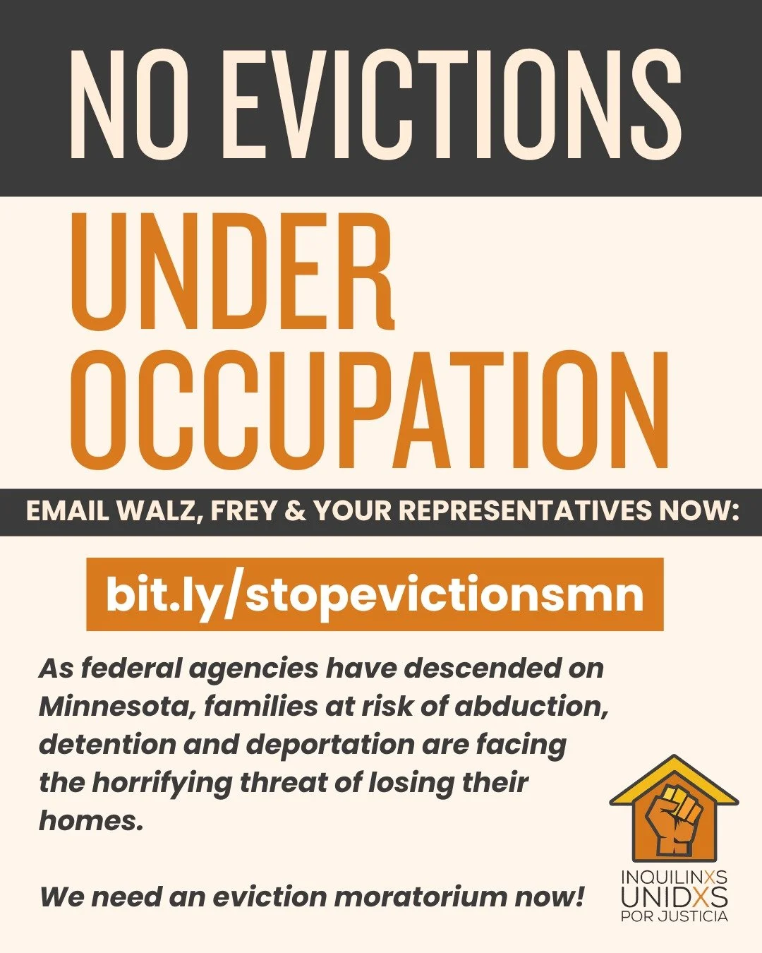 🔥 NO EVICTION UNDER OCCUPATION! bit.ly/stopevictionsmn

Large-scale instability and economic disruption is being pushed onto our communities through Trump's racist &ldquo;immigration enforcement,&rdquo; while housing courts and eviction processes co