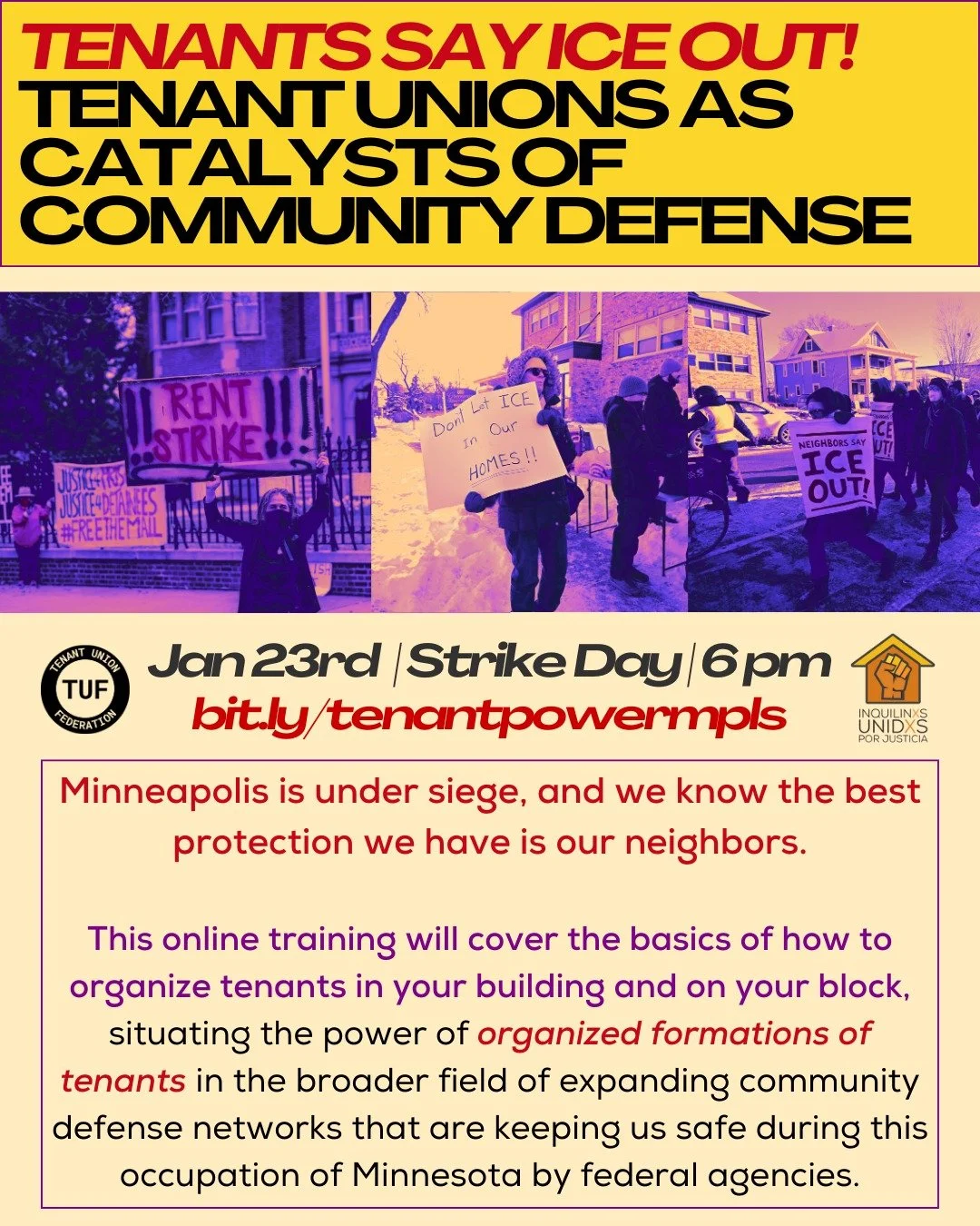 ⚡ Friday, Jan. 23 // 6-7 pm ⚡ TENANT UNION TRAINING ⚡ Register @ bit.ly/tenantpowermpls

In the face of federal occupation, tenant unions have a key role in community defense infrastructures - as hyper-local nodes of power and protection in our neigh