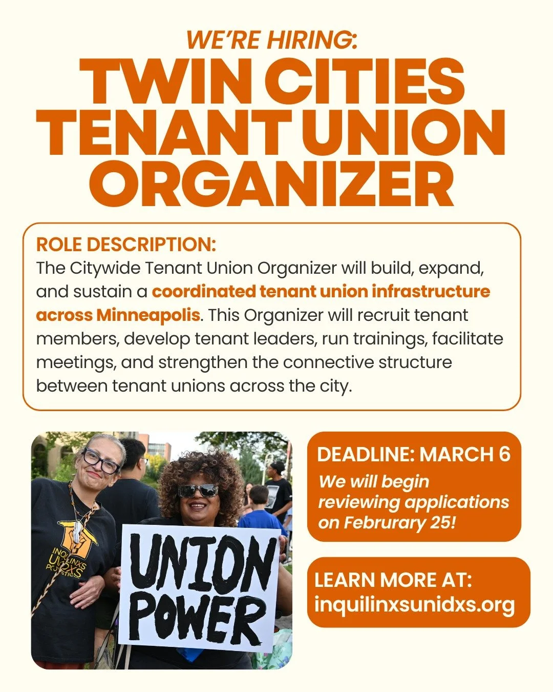 WE'RE HIRING! If you're excited about building, expanding, and sustaining a coordinated tenant union infrastructure across Minneapolis, this is the job for you 🔥

IX's Citywide Tenant Union Organizer will play a central part in recruiting tenant mem