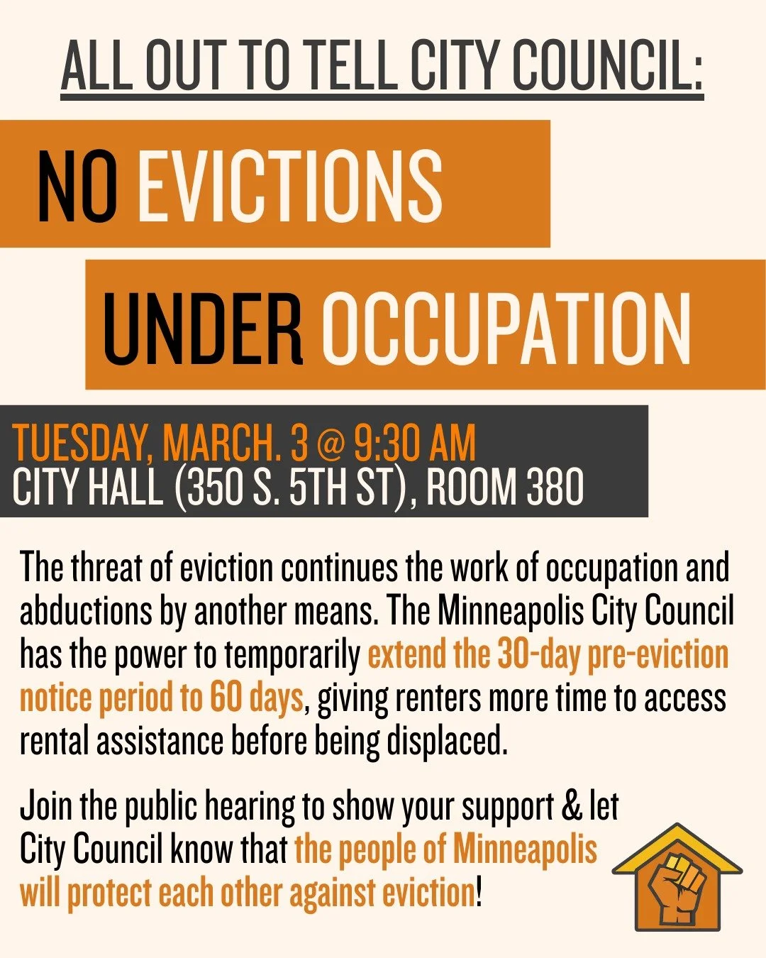 TOMORROW, 9:30 AM, CITY HALL: Tell Minneapolis City Council to extend the pre-eviction filing period from 30 to 60 days! The people of Minneapolis will not stand by as our immigrant neighbors face the threat of eviction under occupation!