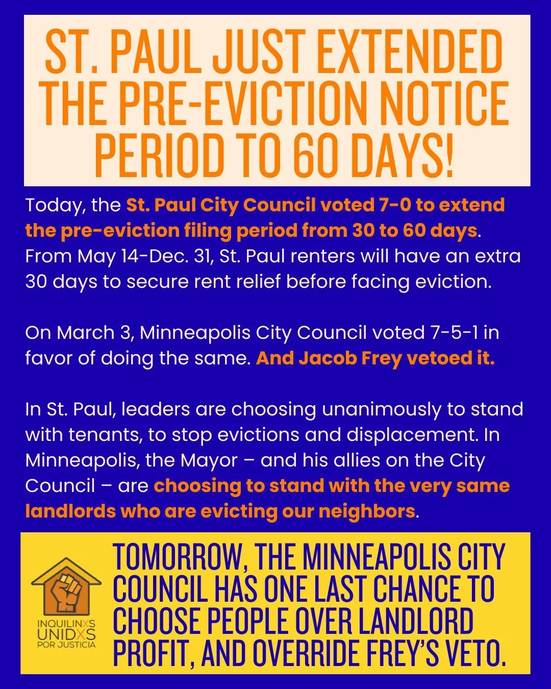 🔥 Incredible organizing in St. Paul to win critical eviction protections - Minneapolis City Council has one more chance TOMORROW to override Frey's cruel veto. Email now: bit.ly/612override 🔥🔥