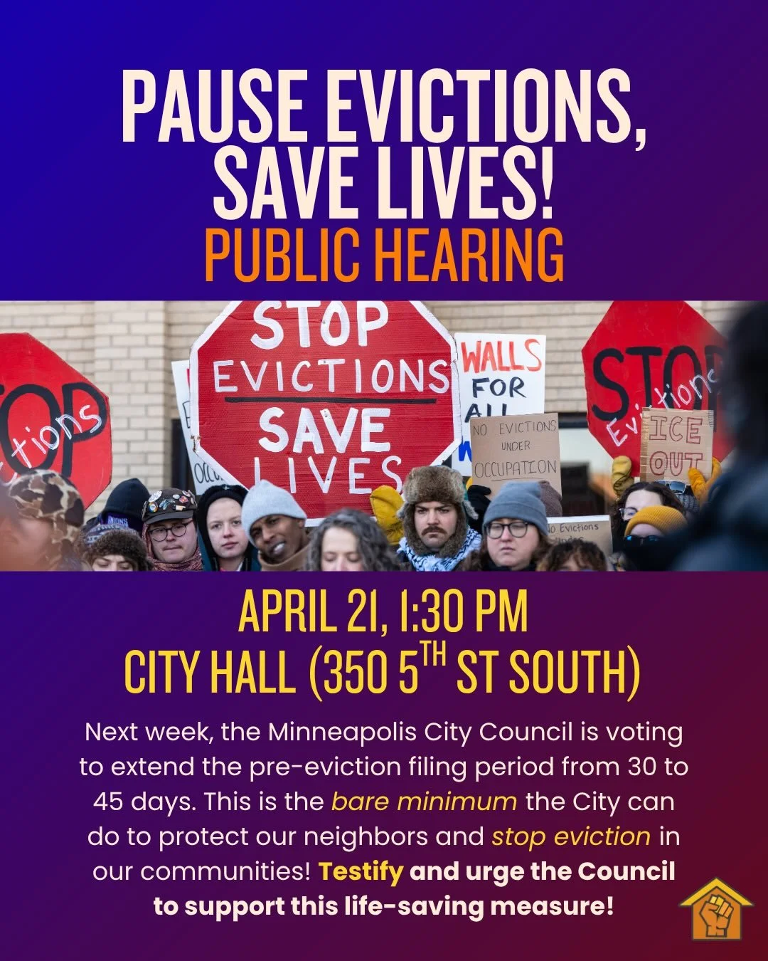 💥TUESDAY, APRIL 21, 1:30 PM 💥
As the long-term consequences of Operational Metro Surge deepen, the Minneapolis City Council has another chance to extend the pre-eviction notice period, from 30 to 45 days.

Call your Council Member or show up to tes