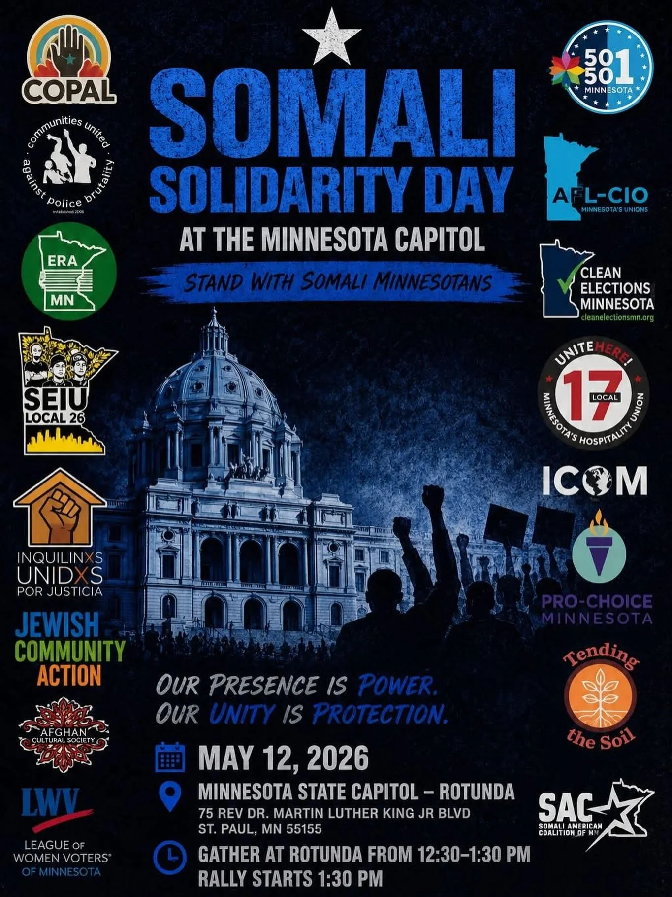 TOMORROW: Join our compas at CAIR MN for Somali Solidarity Day at the Minnesota State Capitol!

🗓️ Tuesday, May 12 @ 1:30 PM
📍 Rotunda, Minnesota State Capitol

We&rsquo;re calling for a visible, united show of solidarity with Somali Americans at a