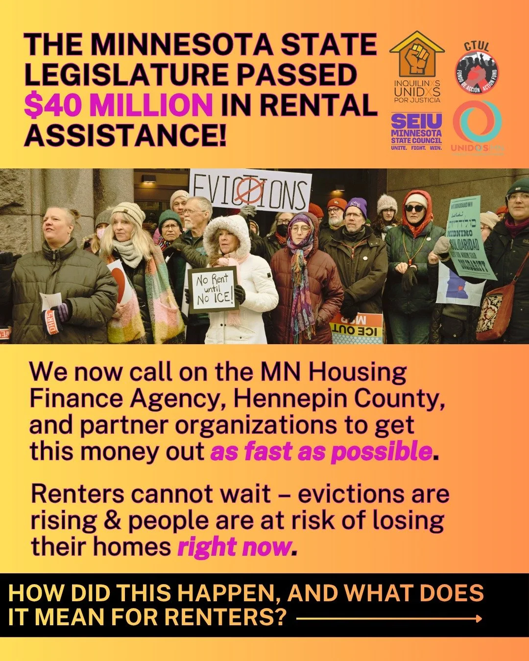 Last week, Minnesota lawmakers passed $40 MILLION for rental assistance. This victory is no small feat in a divided House, where organizers were told more funds for rent relief would be politically impossible. It is the result of tireless organizing 
