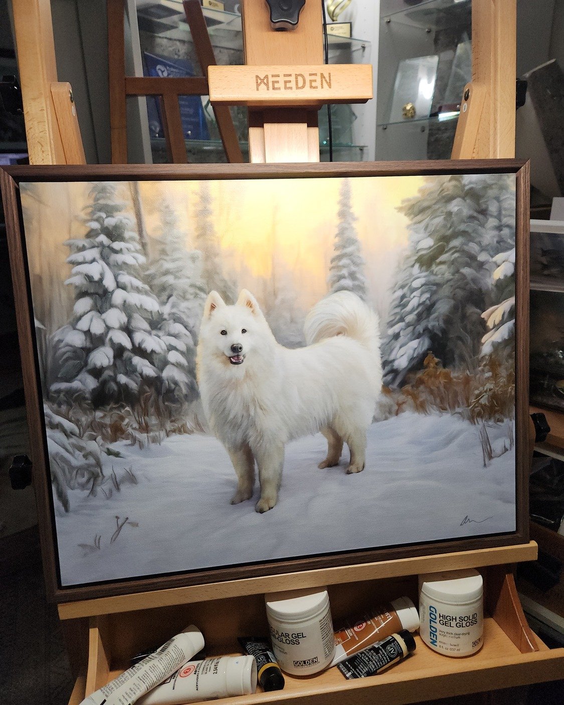 Wicked&rsquo;s portrait is complete&mdash;and what a character she was!
Curious about the mischievous pup behind this painting? See Wicked&rsquo;s full story, including behind-the-scenes images from mockup to final artwork:
https://pouka.com/the-lisp