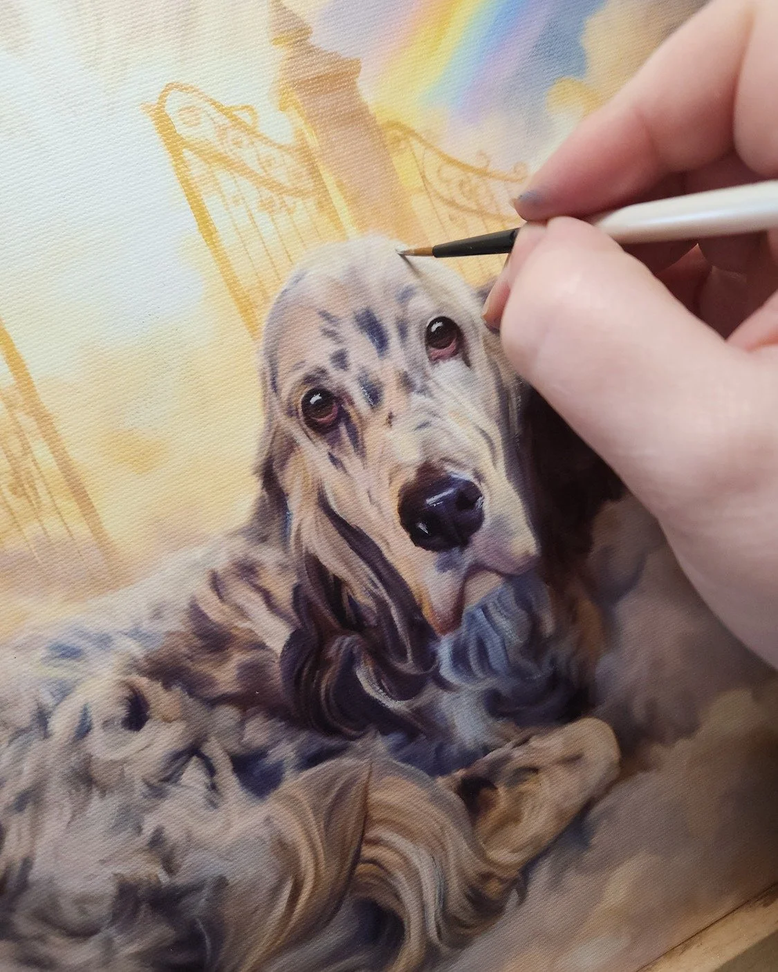 Finishing touches on Stewart.

After the digital painting is printed, I add acrylic by hand to build real texture and depth into the canvas.

English Setters are always worth the effort.

#englishsetter #petportraitartist #custompetportrait #artistat