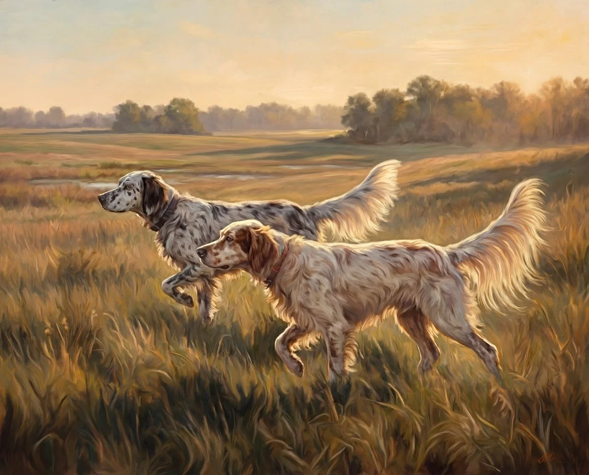 I finished this painting while at the Kentuckiana Cluster last week. Two Llewellin English Setters moving through the field with those glorious tails held high.

This was a commissioned piece, but the request was simple. Not a portrait of specific do