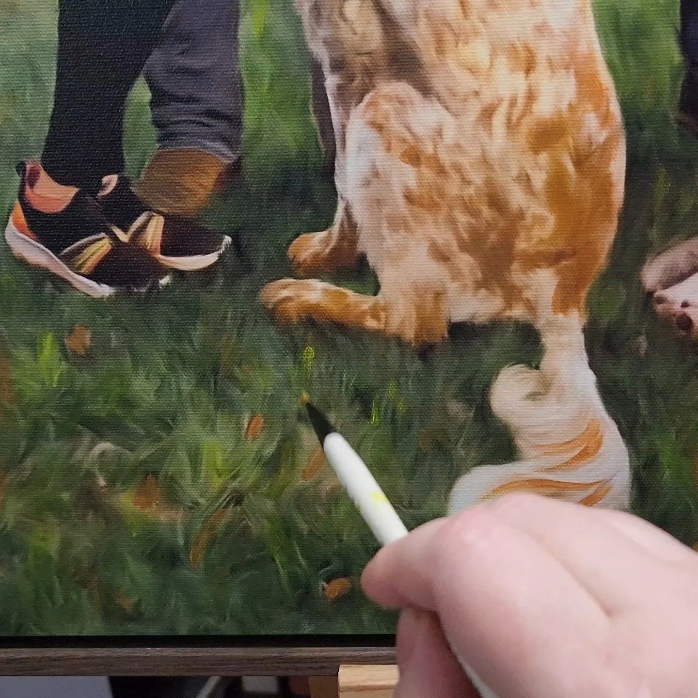 Fifth painting for this family. Fifteen people, five English Setters, 14 source images, one canvas.
The second image shows the reference composite &mdash; that's where the work really begins. The video shows some of the painting process.
This is the 