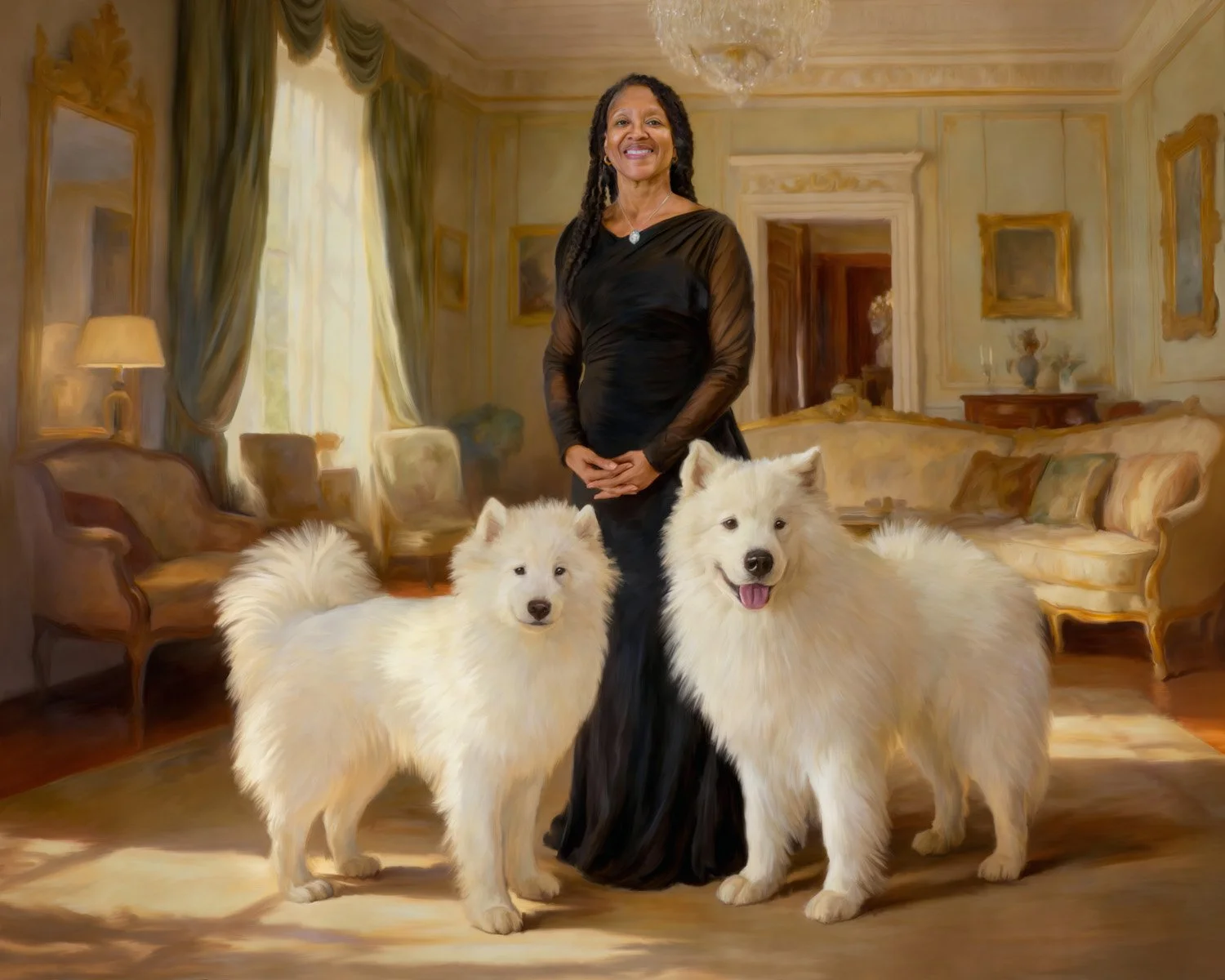 This commission started last October at the Samoyed National, where I photographed Mrs. Hickman and her two beautiful Sammies. When it came time to choose a background, she chose the most elegant option and I updated the wardrobe to match.

If you've