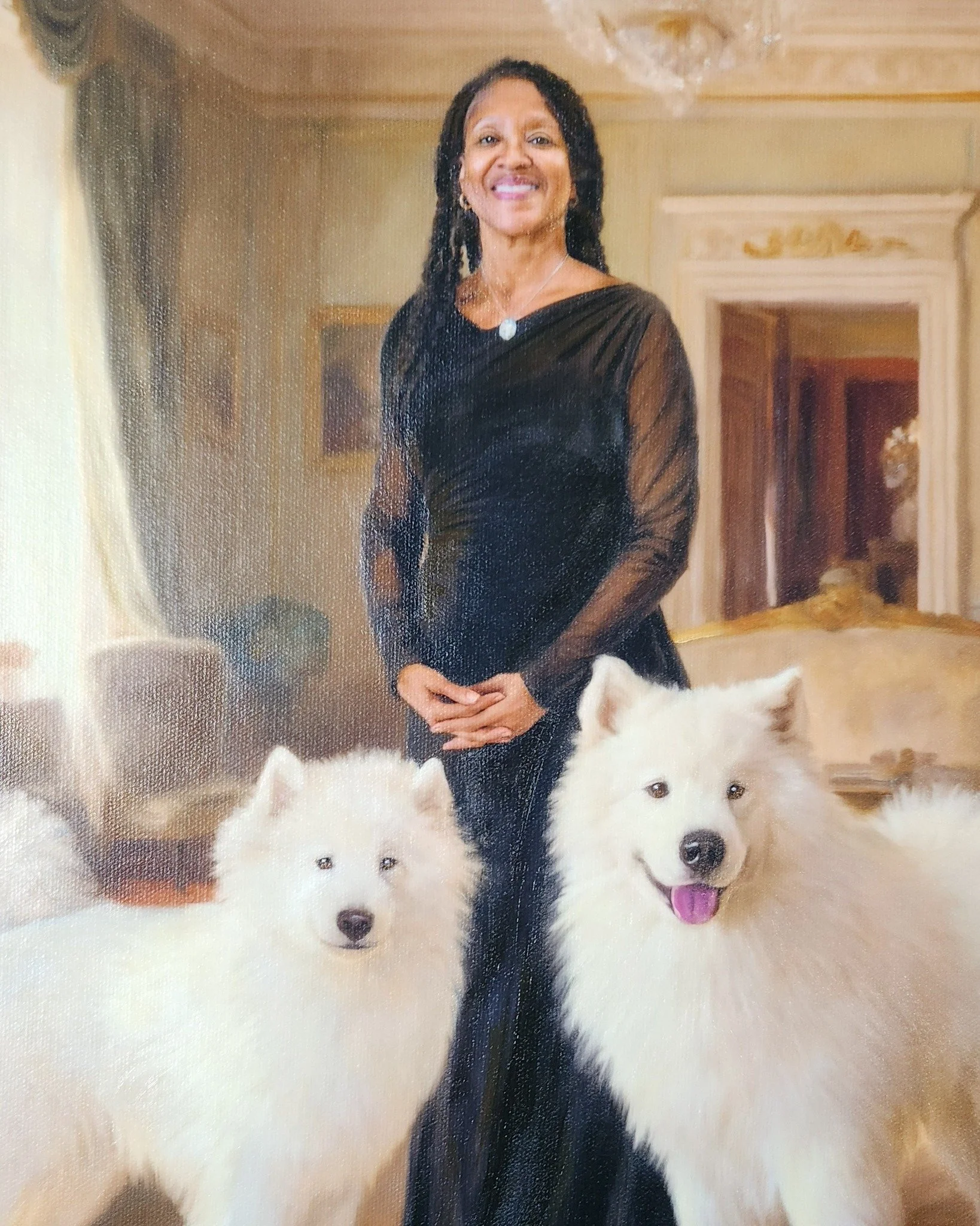 This elevated portrait of Mrs. Hickman with her two Samoyeds glows under a good portrait light. &Iuml;t was upgraded to a traditional frame to give proper weight to the subjects.

Interested in your own commission? Reach out for more details!

#pouka