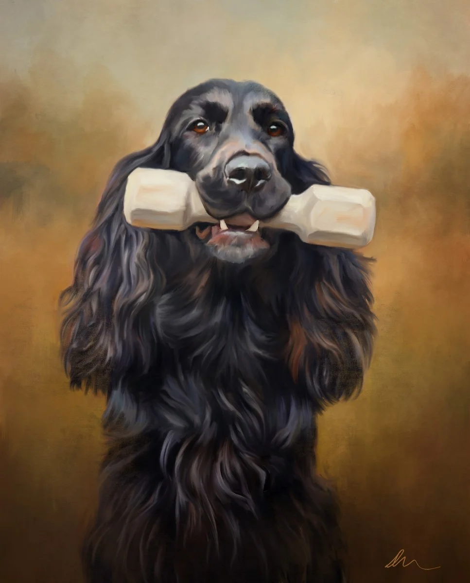 Our host for the painting workshop last week had an old photo of a spaniel she had as a child hanging in the hallway. As a surprise thank you for letting us take over her house, I painted it for her.

 #poukaart #memorialportrait #DogArt #petportrait