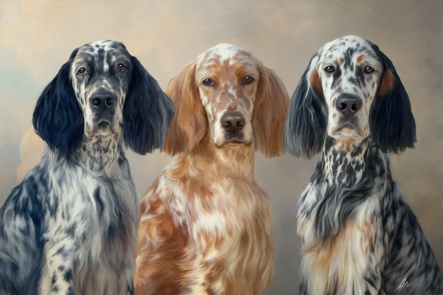 Three English Setters representing the foundation of a beloved breeding program. 
Just approved and off to print.

#englishsetter #englishsetters  #petportrait #poukaart #breedlegacy