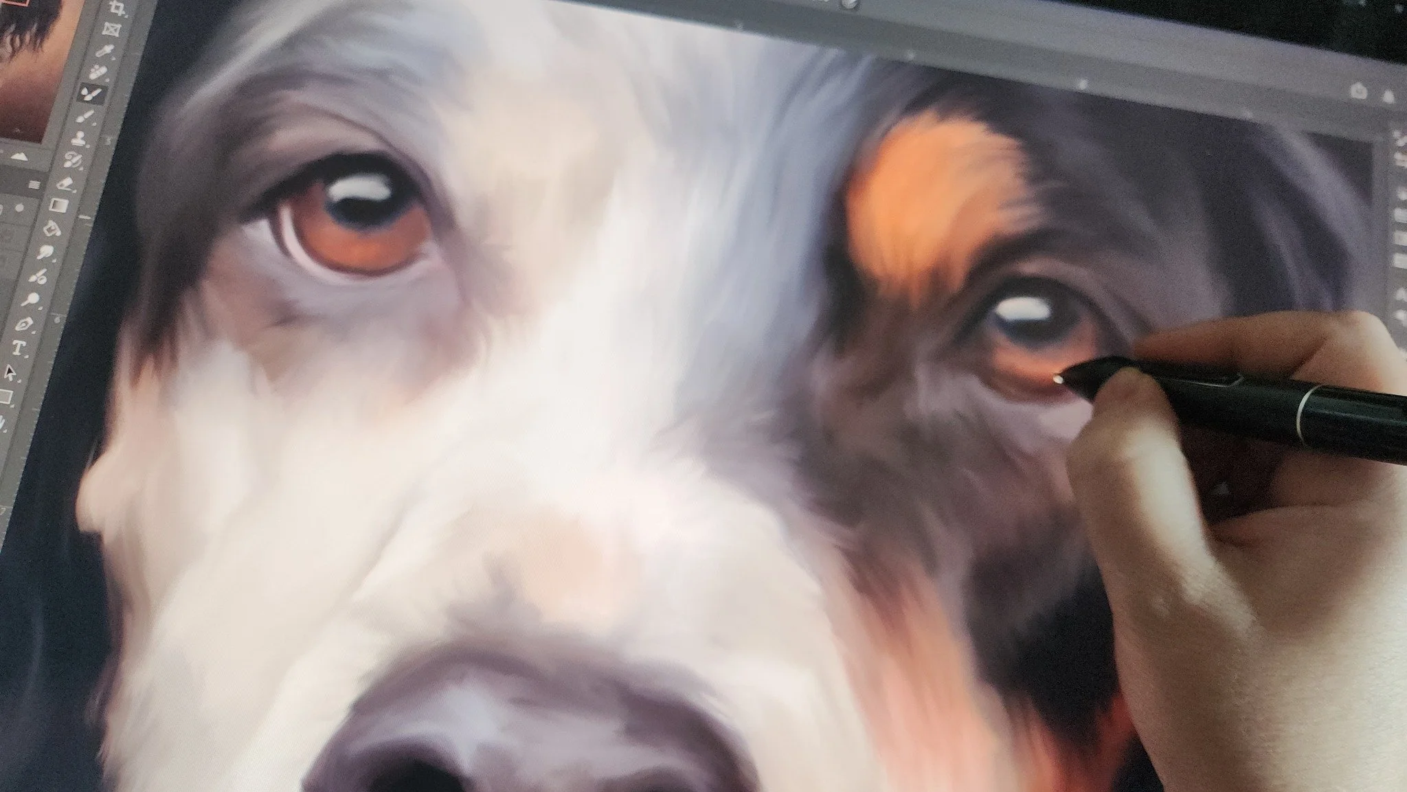 One of my favorite parts of a portrait are the eyes. I'll frequently wait until the very end to paint them in. Once you pop in a catchlight *BOOM*, it comes to life!

#englishsetter #customdogpainting #poukaart #dogart