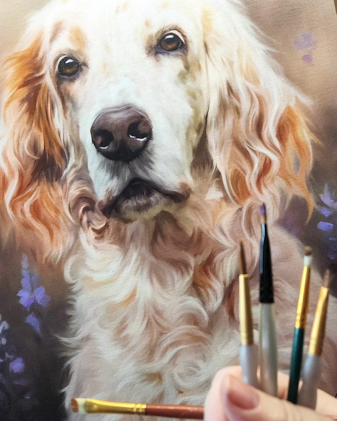 Putting the final touches on beautiful Riley. Her mom says that the patch over her right eye has lightened over the years because she's kissed off the color.

#englishsetters #memorialportrait #signatureportrait #poukaart #customdogart