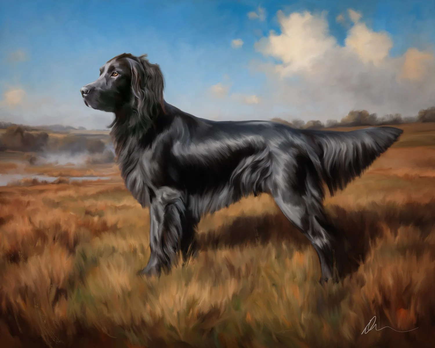I stalked Rook all last week trying to get nice images of his profile for this little painting. I think it showcases him well. That odd mix of Flatcoat and Setter that came together into the prettiest little Fletter. The color of a flattie with the b