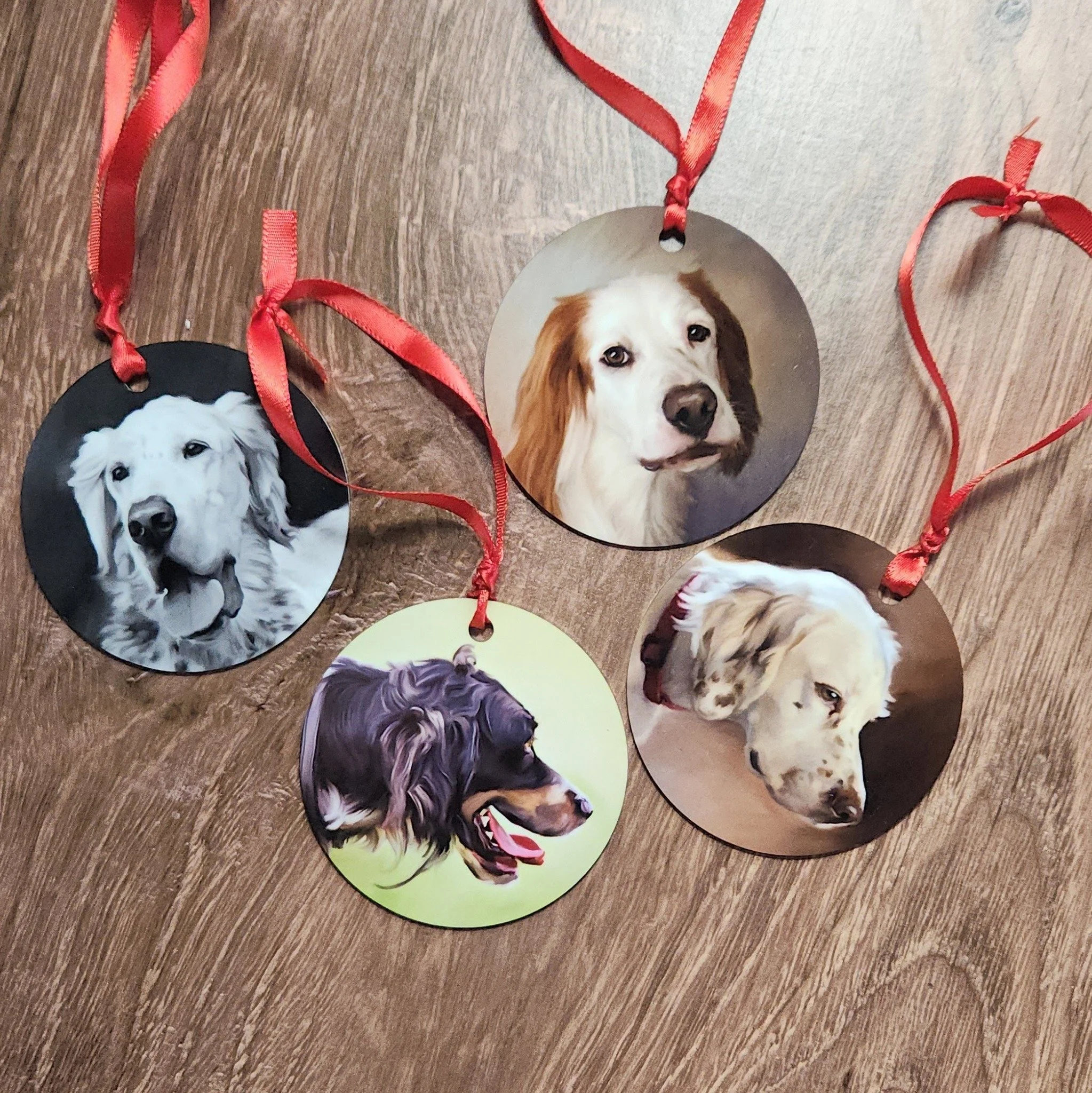 Jane's getting a head start on her holiday shopping with some custom ornaments! Think of them as mini paintings - 3", metal, printed on both sides. Tough enough to withstand a teething puppy (mostly)!