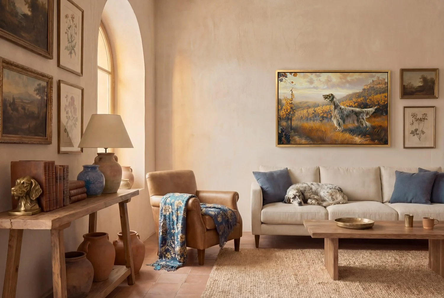 Photograph of a modern mediterranean living room with a painting of an English Setter on the wall.
