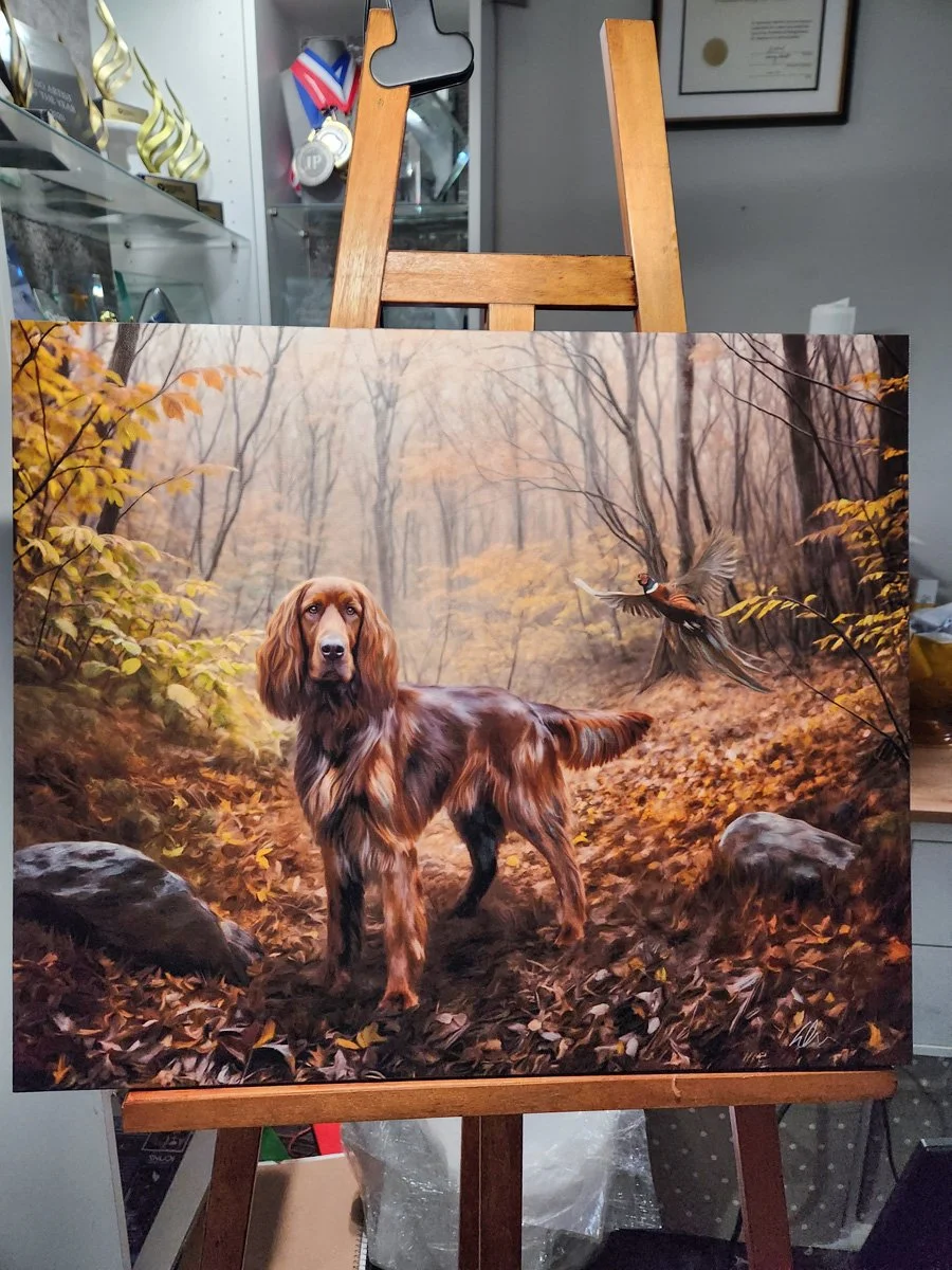 A Storyscape Portrait painting of an Irish Setter in an autumn wood with a flying pheasant