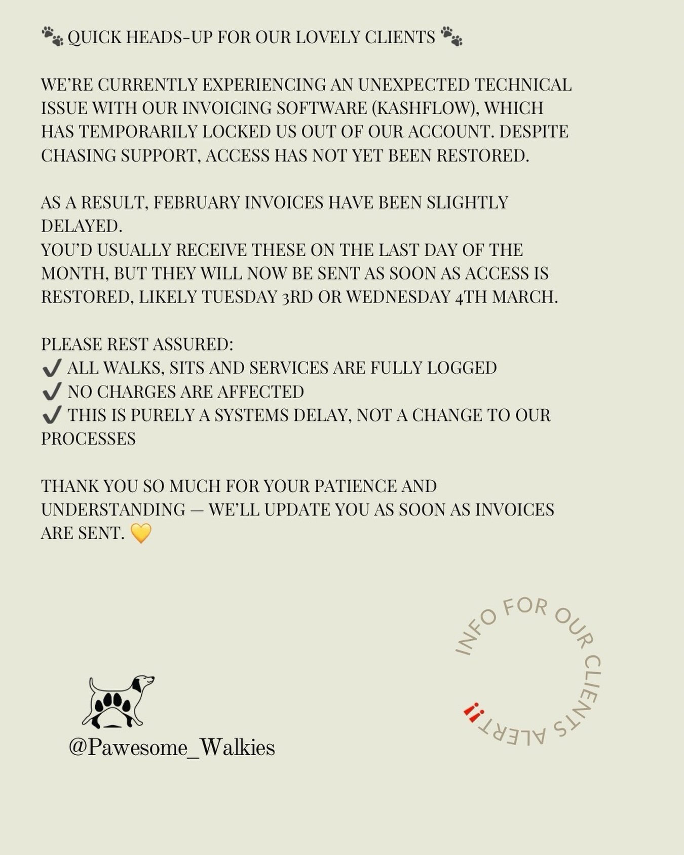 Transparency always 🐾
Thank you for your patience while we resolve a technical issue outside of our control. 💛