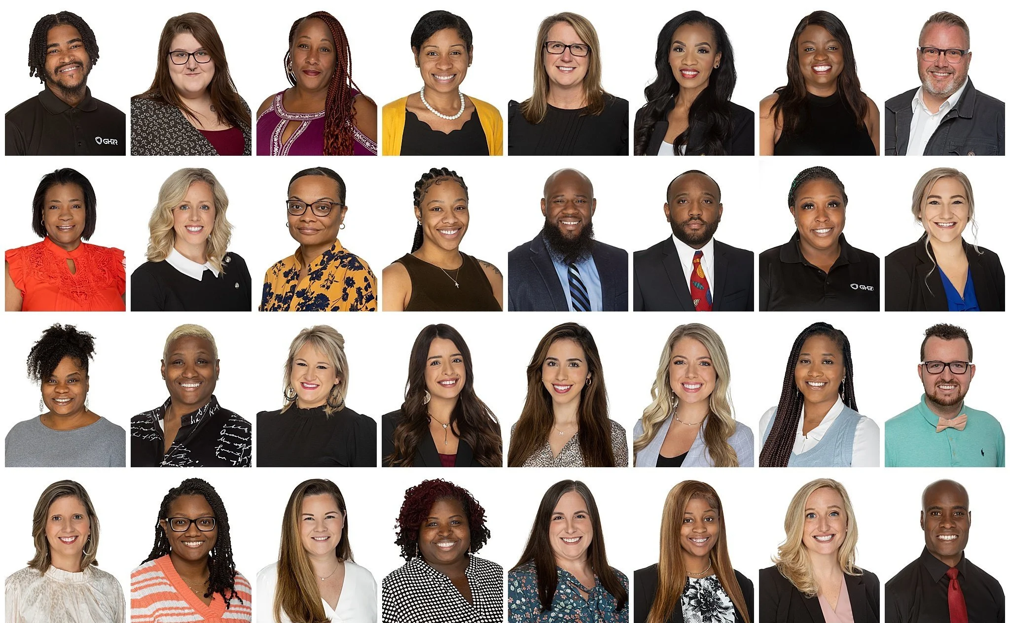 A diverse group of 25 professionals, including men and women of various ethnicities, posed in a company headshot style against a white background.