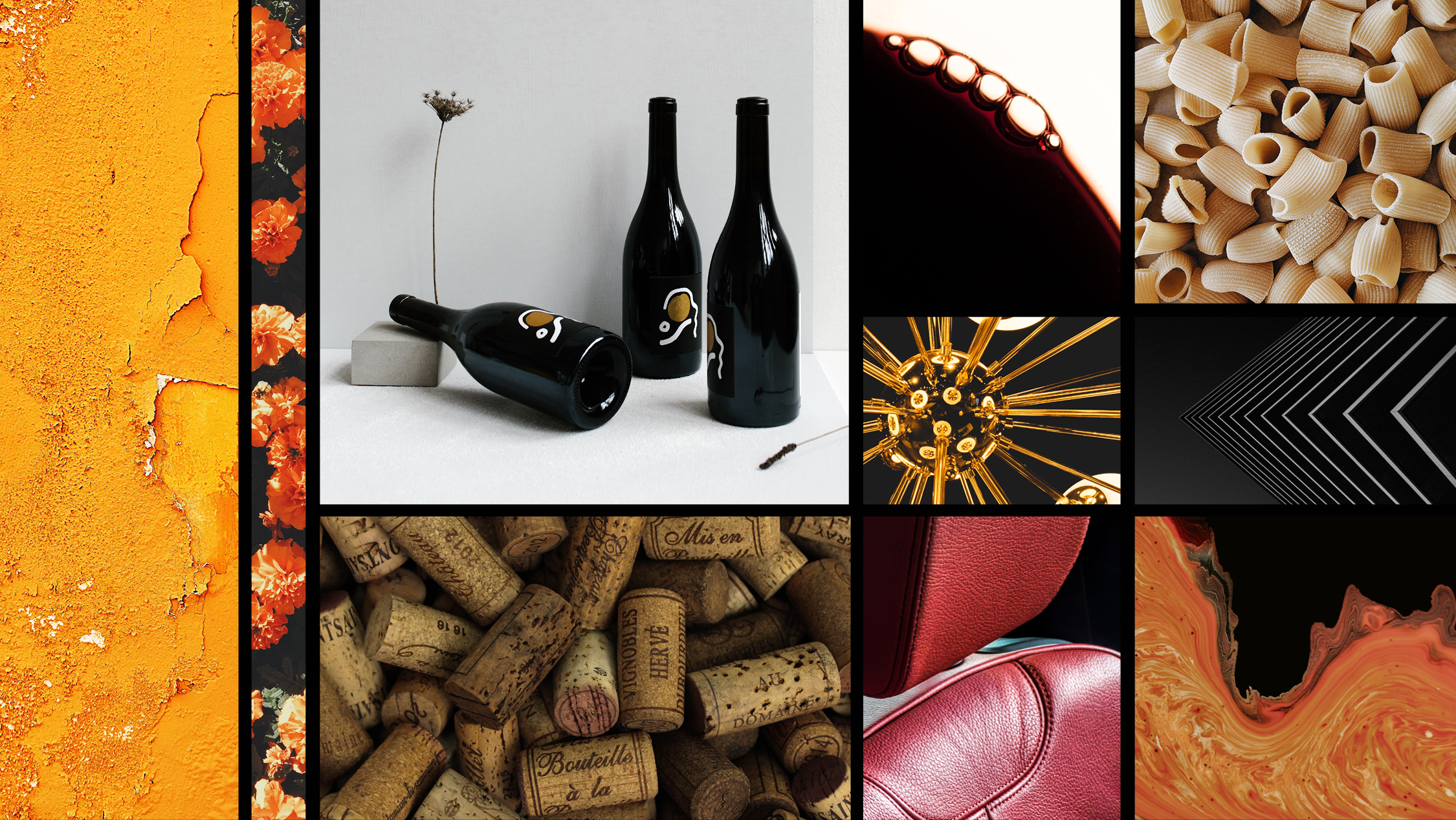A collage of various textures and objects including cracked yellow paint, floral strip, three black wine bottles with modern labels, close-up of pasta shells, bubbles of a dark beverage, gold geometric sculpture, concentric black and gray geometric pattern, wine corks, a red leather seat or bag, and swirling orange and gold abstract liquid.