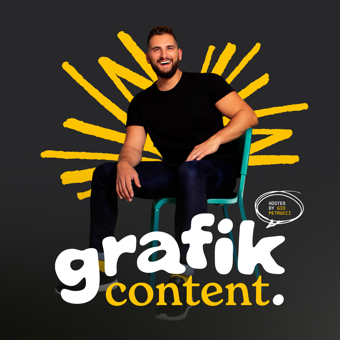 A smiling man with a beard wearing a black t-shirt and jeans, sitting on a teal chair against a black background with yellow abstract lines, with the words 'grafik content' in large white and yellow text, and a speech bubble that says 'Hosted by GIO PETRUCCI'.