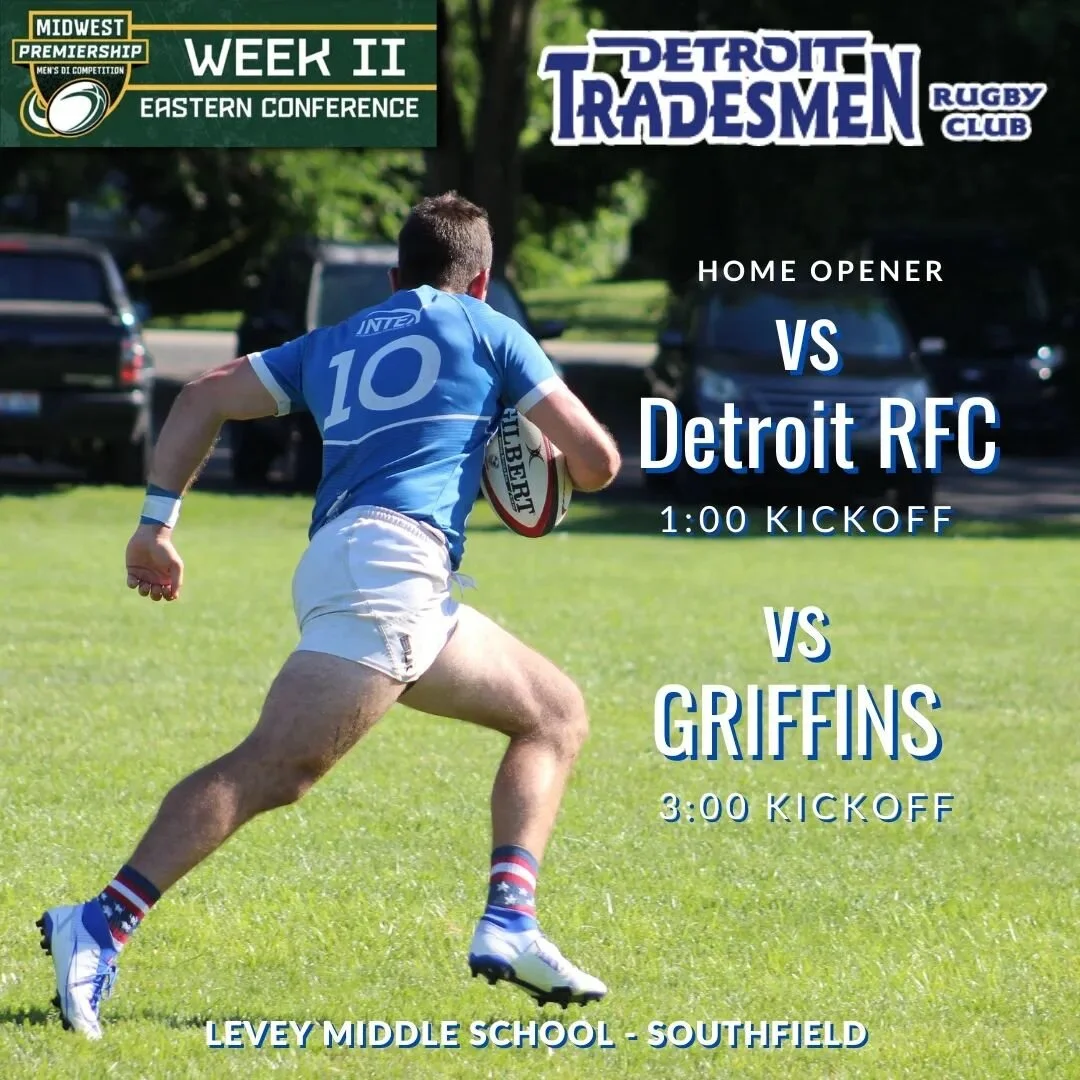 Come join us for our home-opener tomorrow as the Detroit Tradesmen take on @chicagogriffinsrfc and @detroitrugby at Levey Stadium! Kickoffs are at 1:00pm and 3:00pm. Social at the field following the matches.