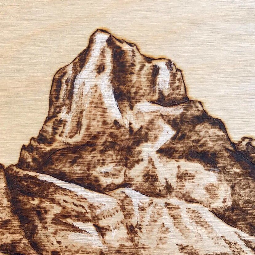 Charity. 💗⠀
Close up of the &lsquo;middle sister&rsquo; in this famous mountain trio in Canmore, Alberta. 🏔🏔🏔⠀
⠀
⠀
#pyrography #pyrographyartists #woodburning #pyro #pyrographer #artist #artistsoninstagram #ottawaartist #canadianartist #canadianm