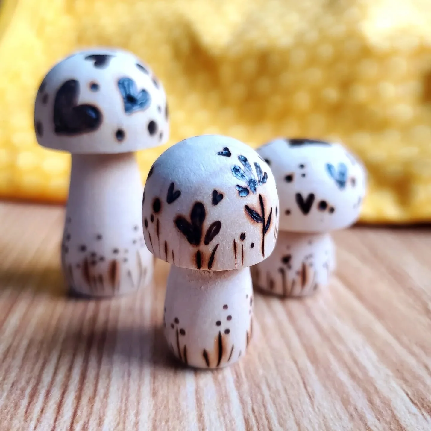 Tiny torched toadstools! 🍄 🌿
Now available in the Sunny Street Shop - Set of 3 little wooden mushrooms, each with a unique hand-burned design ( ~ 1 to 1.75-inches). 

Place them in your garden, on your desk, on a ledge, in a nook! 🏡 Great little g