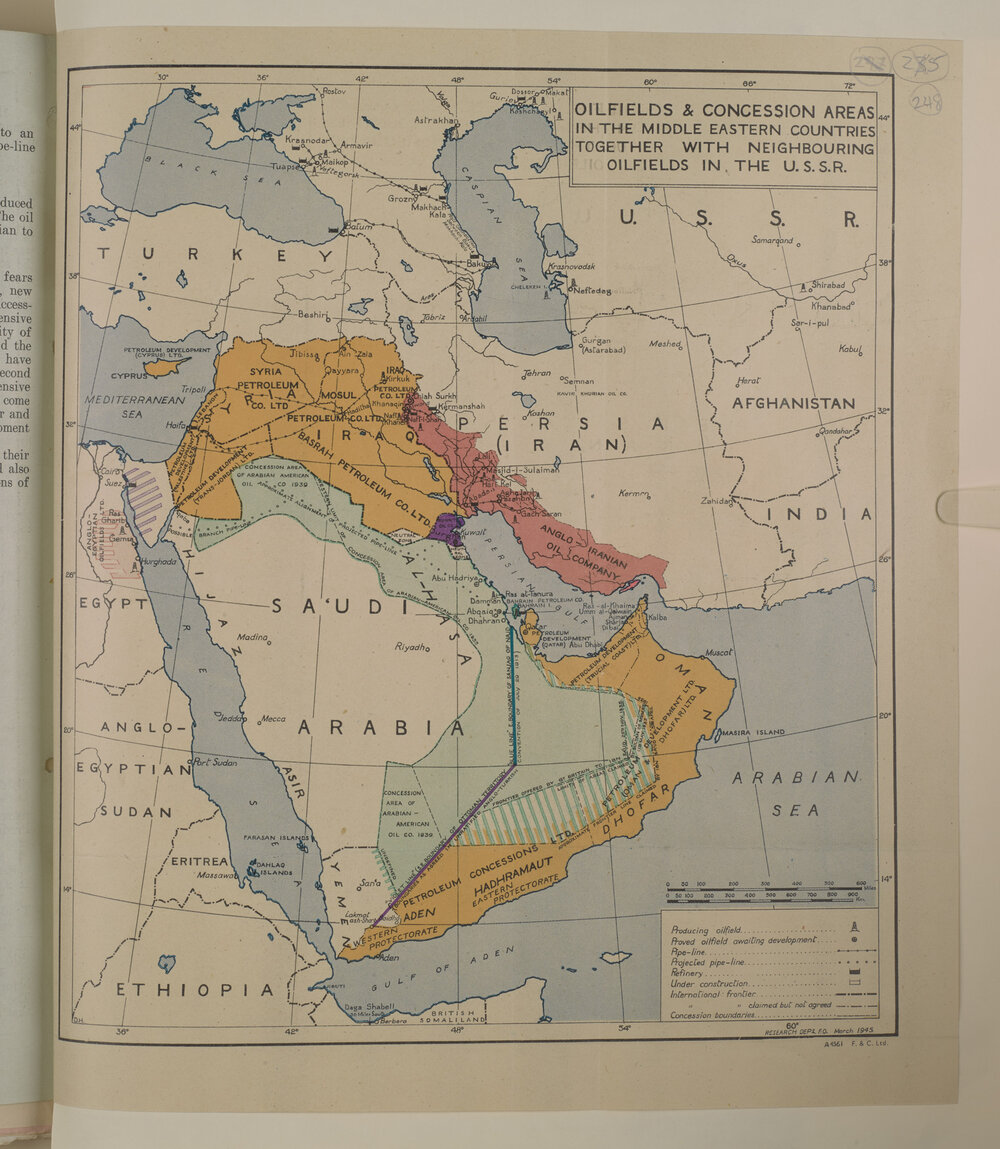 Credits: Research Department of the Foreign Office. (1945). Oilfields & concession areas in the Middle Eastern Countries together with neighbouring oilfields in the U.S.S.R [Map]. British Library. https://www.bl.uk/collection-items/oilfields-and-concession-areas-in-the-middle-eastern-countries
